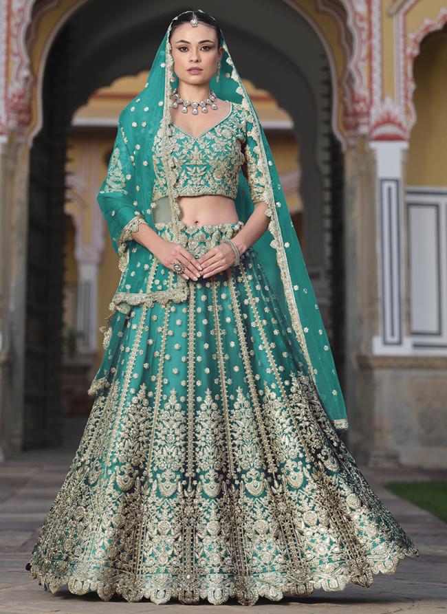 Butterfly Net Teal Wedding Wear Embroidery Work Lehenga Choli